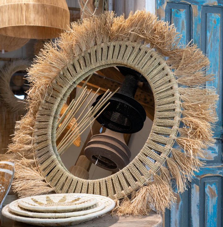 Ronde Spiegel van Koord met Raffia Franje in Bohemian Ibiza Stijl