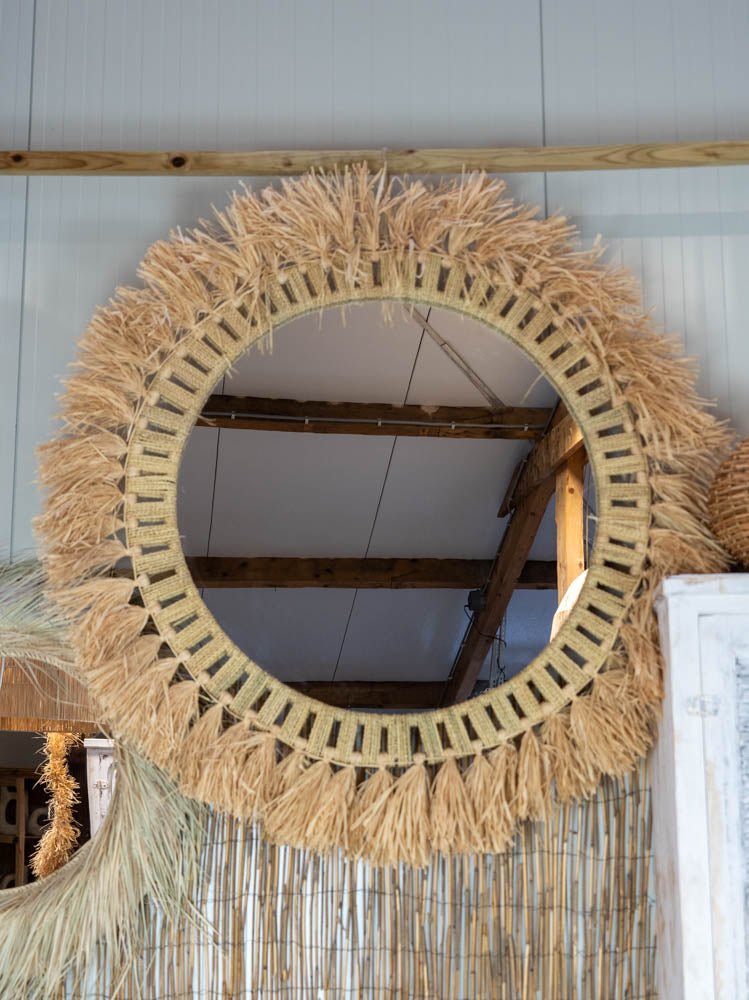 Ronde Spiegel van Koord met Raffia Franje in Bohemian Ibiza Stijl