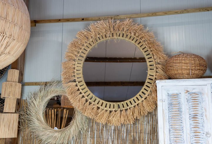 Ronde Spiegel van Koord met Raffia Franje in Bohemian Ibiza Stijl
